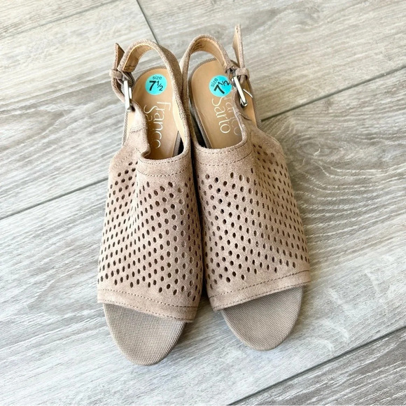 Franco Sarto Mandi Beige Caged Peep Toe Ankle Buckle Slingback Sandal Heels - Picture 3 of 14